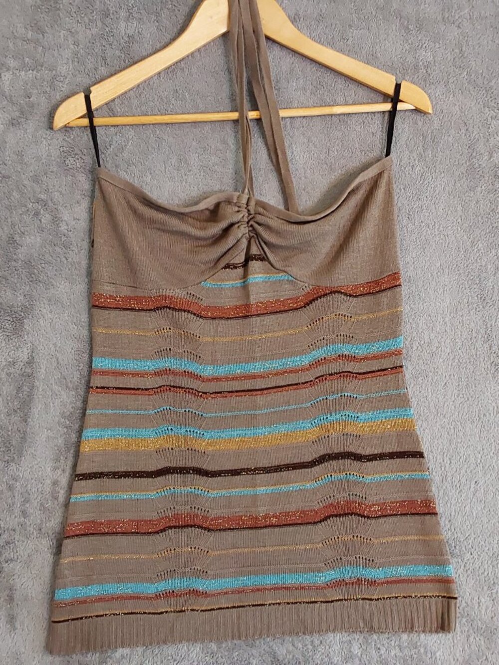 Y2K Knit Halter Top Tie Neck Metallic Stripe Brown L Vintage Boho, Cottagecore